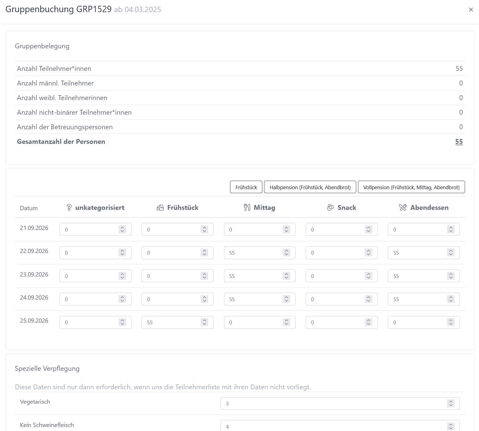 Screenshot catering management